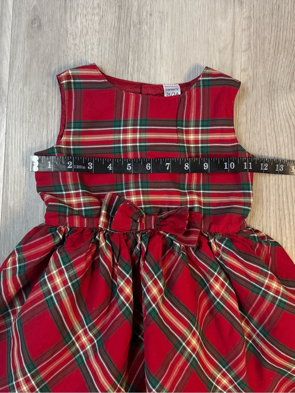 Carter's Red Green White Plaid A-Line Sleeveless Bow Christmas Holiday Dress 3T.